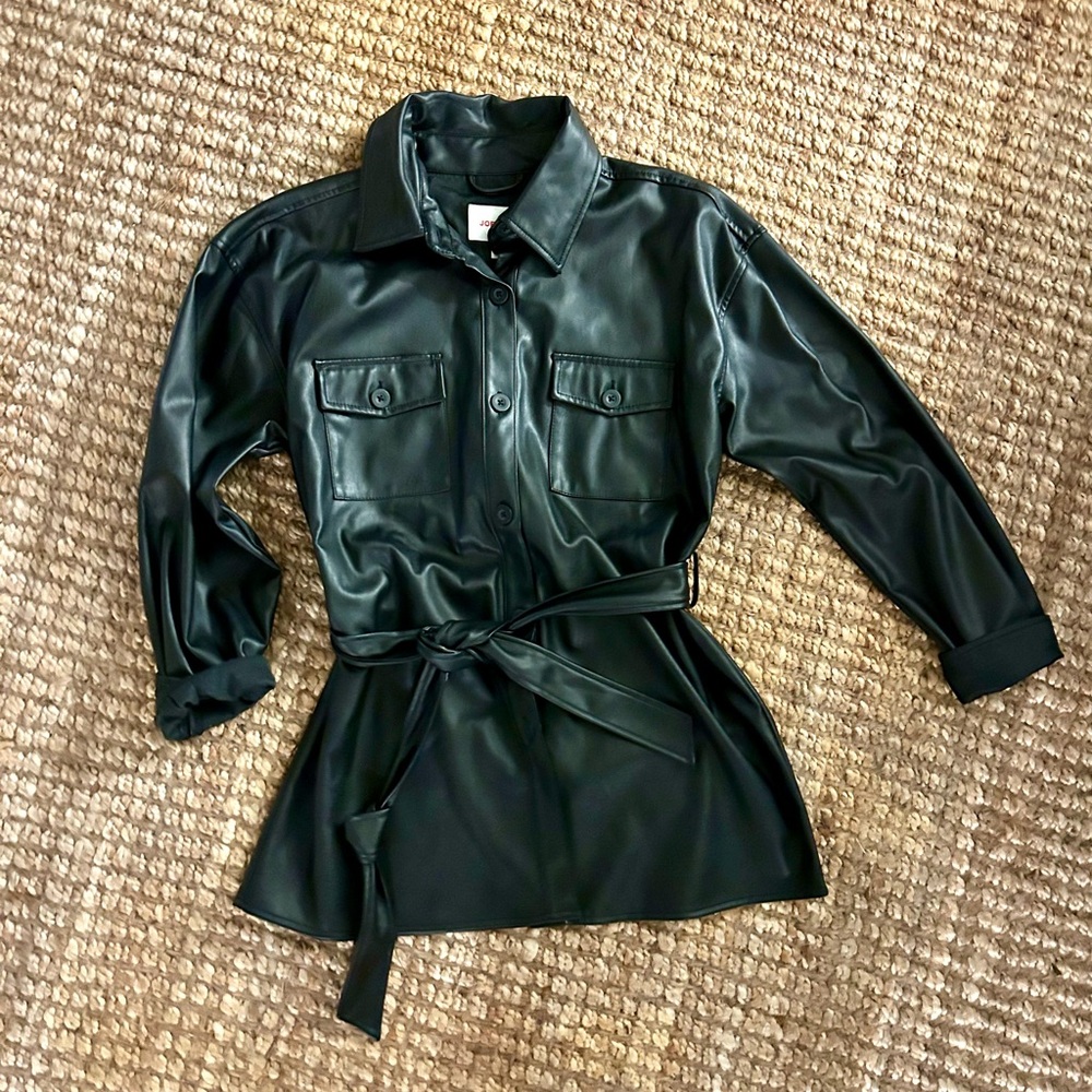 Women's Black Faux Leather Belted Jacket